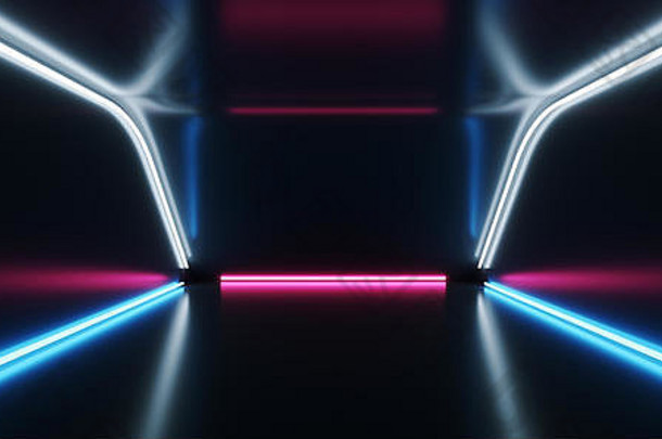 霓虹灯发光激光科幻未来舞台秀舞蹈室紫蓝白紫外粉红垃圾混凝土反射空暗空间房间3D Ren