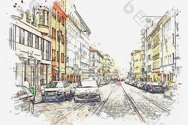 插图或水彩素描。捷克共和国布拉格的一条街道，有着传统的房屋和停放着汽车的道路。
