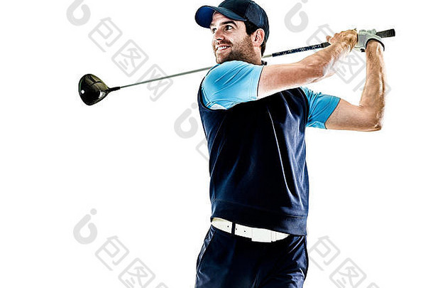 高加索人男人。高尔夫球手打高尔夫球工作室孤立的白色背景