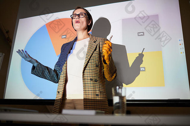 视图自信成熟的夫人网纹夹克手势手解释数据投影屏幕培训类