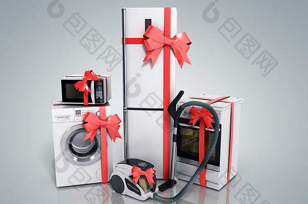白色冰箱、洗衣机、炉子、微波炉、真空吸尘器、红色条带、灰色背景隔离的家电礼品系列3