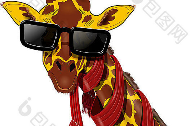 插图长颈鹿红色的围巾太阳镜