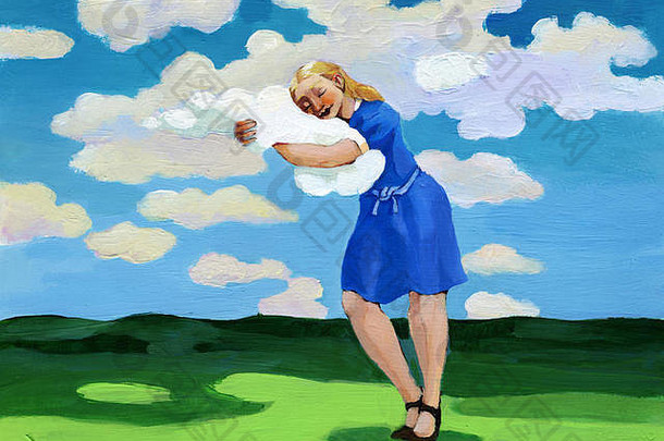 一个有着梦幻表情的女人拥抱着一朵白云