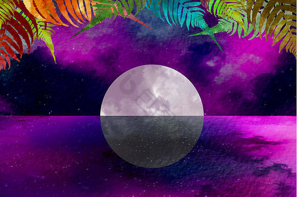 棕榈叶子前景背景海月亮晚上插图图片