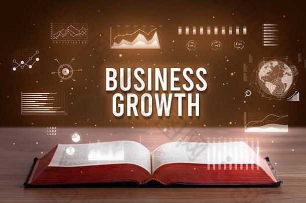 业务增长题词出自一本开放的书，创意商业理念