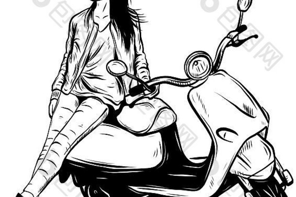 一个女孩快乐地驾驶<strong>摩托车</strong>的插图