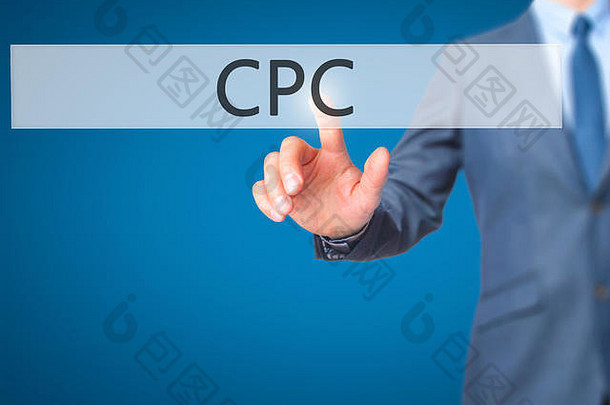 CPC-虚拟屏幕界面上的商人手触按钮。商业、技术概念。库存照片