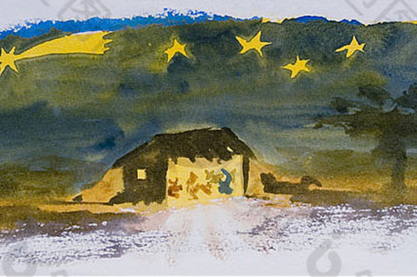 原始水彩代表圣诞节婴儿床景观布满星星的天空