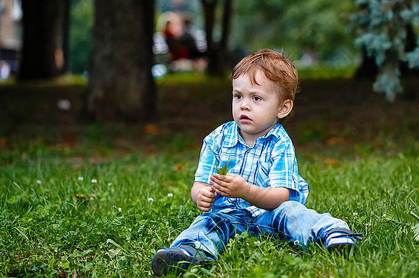 男孩牛仔裤格子衬衫坐着草公园