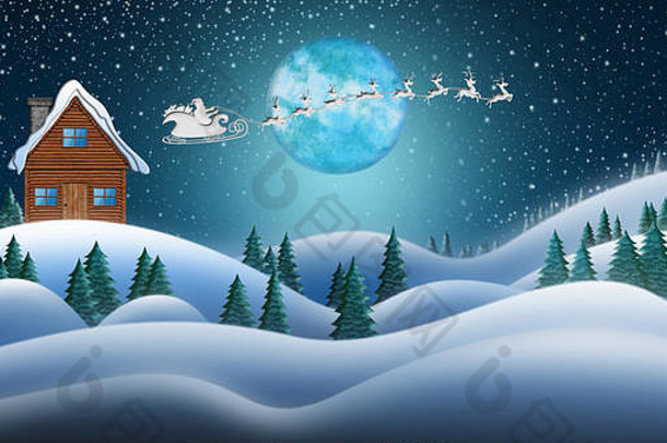 圣诞老人和驯鹿在北极的雪原和圣诞老人的房子上雪橇度过圣诞夜