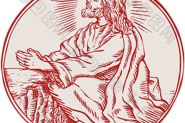 蚀刻雕刻手工制作的风格插图耶稣基督痛苦花园查看一边集内部圆