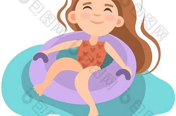 夏日儿童活动-小女孩坐在游泳池、海洋或海洋中的充气床垫上。暑假游泳池活动