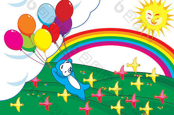 一只企鹅拿着一串气球在高空飞行，鸟儿从身边经过，阳光灿烂，彩虹闪烁。