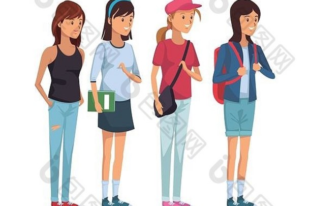色彩斑斓的集集团女孩学生站