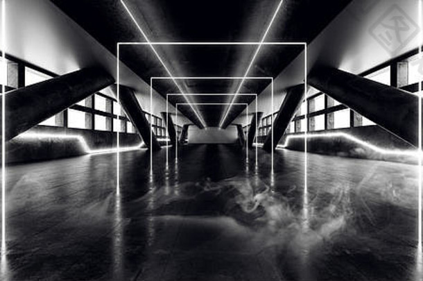 烟未来主义的霓虹灯sci充满活力的发光的白色大厅巨大的窗户混凝土难看的东西激光阶段走廊入口门路径虚拟摘要形状