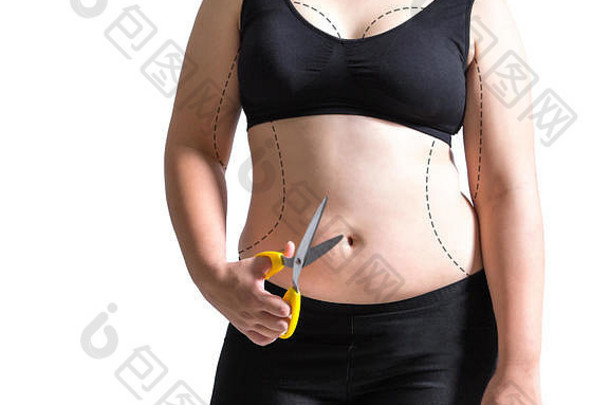 脂肪女人塑料手术马克手减少身体脂肪抽脂术概念