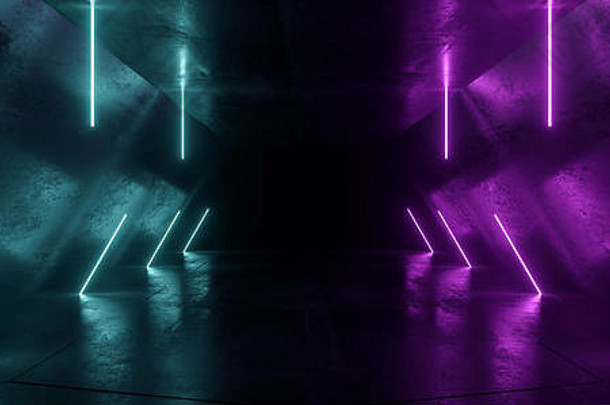 霓虹灯行管灯未来主义的sci发光的紫色的蓝色的充满活力的激光梁展厅混凝土黑暗空<strong>背景</strong>隧道走廊大厅太空石