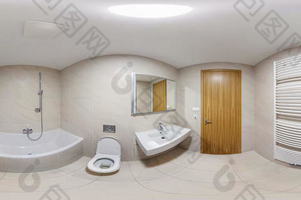 全景视图现代白色空厕所浴室淋浴小屋完整的度全景equirectangular球形投影