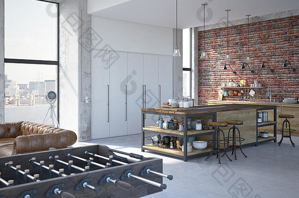 现代设计豪华厨房内饰。三维渲染