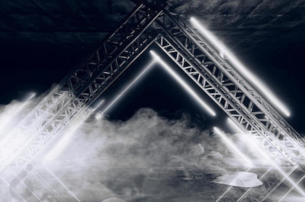 三角形形状的霓虹灯白色发光的sci未来主义的现代空场景阶段讲台上入口烟雾难看的东西混凝土屋顶天花板渠