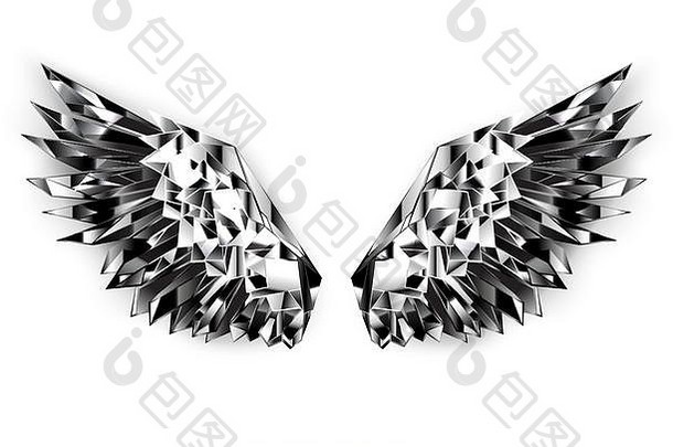多边形翅膀闪亮的在上雕琢平面的黑色的镜子白色背景