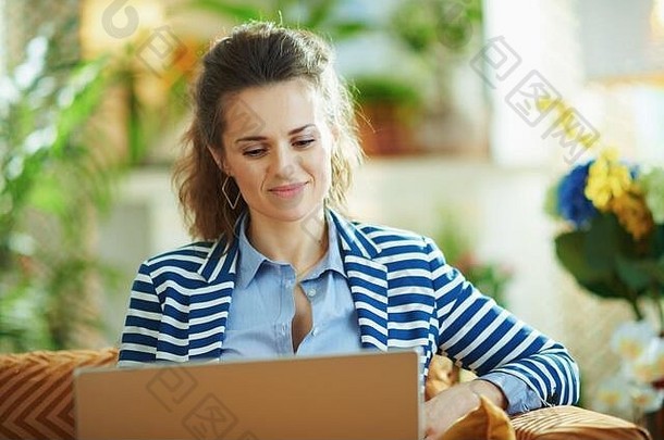年轻的年家庭主妇蓝色的上衣条纹夹克坐着沙发移动PC现代首页阳光明媚的一天