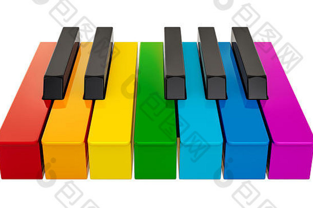 钢琴彩色键盘，音乐概念。隔离在白色背景上的三维渲染