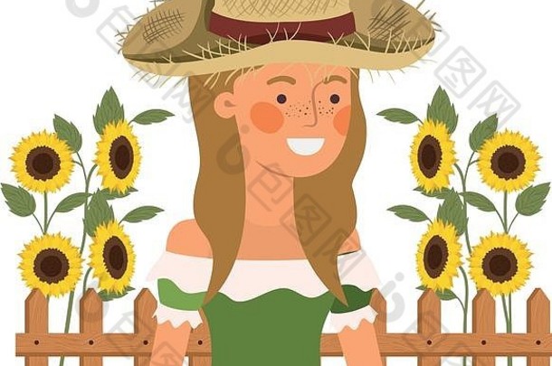 戴草帽和向日葵的农妇