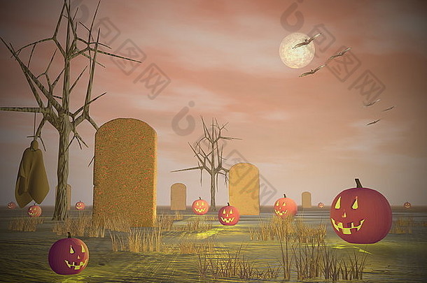 满月之夜，南瓜、墓碑和尸体挂在枯树上的万圣节场景-3D渲染