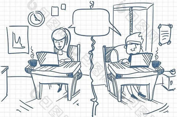 坐在办公室电脑前聊天的男女社交媒体交流涂鸦