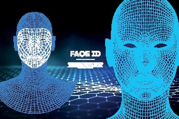 机器人蓝眼睛机器人，具有详细的虹膜和瞳孔。具有传感器和人脸身份的人脸识别概念。三维扫描。