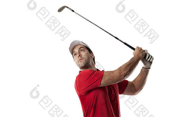 身穿红色球衣、在白色背景上挥杆的<strong>高尔夫</strong>球手。