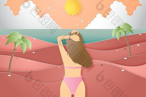 创意插图夏季背景概念，海滩和海洋景观，比基尼女孩。夏季小册子、网页横幅、传单设计