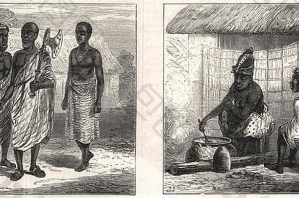 黄金海岸（加纳）战争阿散蒂和平使者；安娜马博妇女烹饪1873年。伦敦新闻画报