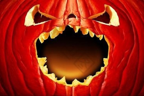 南瓜怪兽脸作为一个橙色的万圣节冬季南瓜生物，张嘴作为一个有趣的角色，空间作为秋季季节。