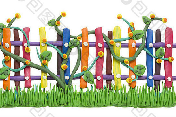 村庄围栏和开花<strong>缠绕植物</strong>的孤立碎片是由粘土儿童拼贴制成的