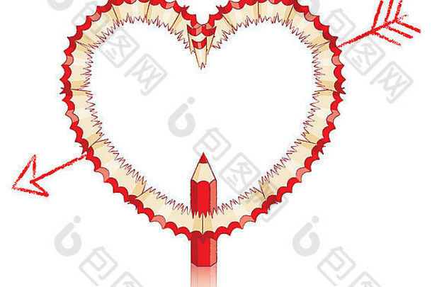 红色的铅笔剃须形状心画箭头红色的铅笔反射
