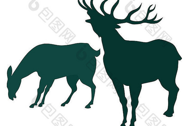 以复古风格制作的白色背景上孤立的鹿剪影插图。