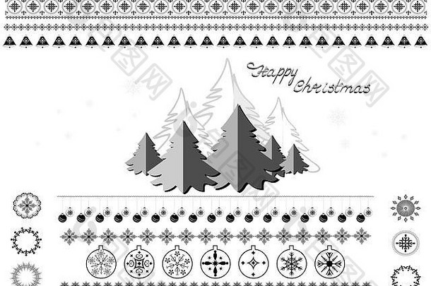 白色背景，带有一组圣诞符号、雪花、圣诞树、边框、花环和问候语
