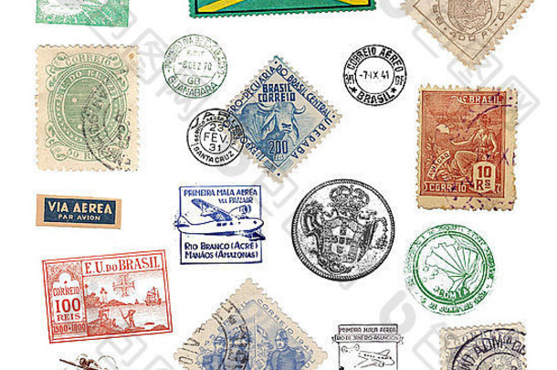 来自巴西的复古邮票和标签，显示航空邮件主题和国家符号