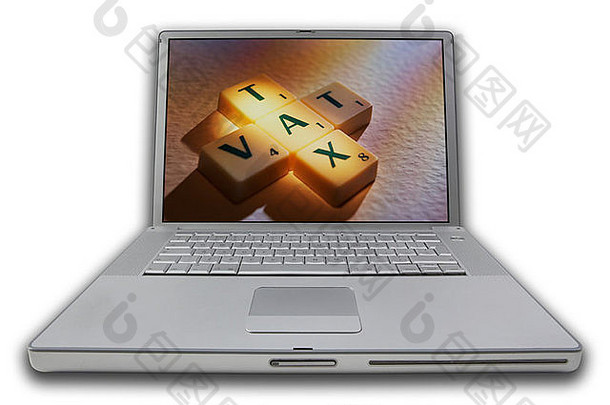 屏幕上有拼字的笔记本电脑拼写单词TAX VAT