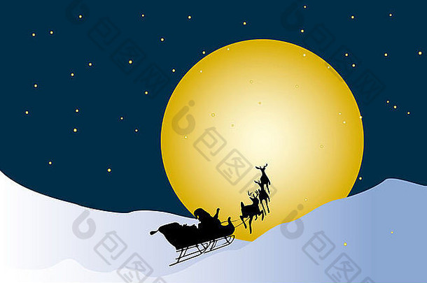圣诞老人坐在驯鹿雪橇上，在冬天的风景和夜晚繁星点点的天空中