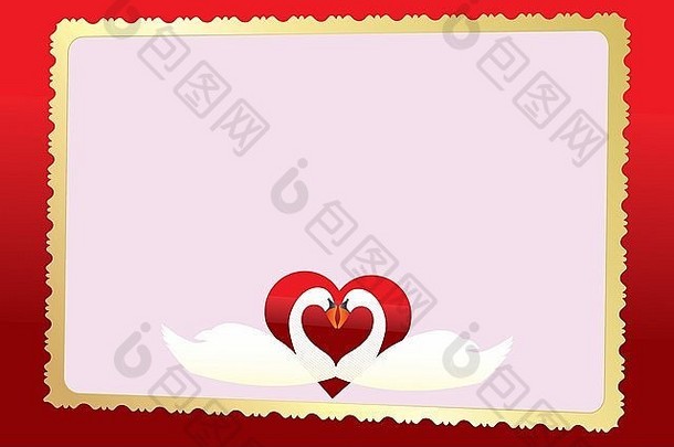 婚礼公告卡，两个<strong>天鹅</strong>，红色光泽心形，金色3D框架