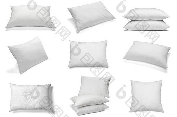 在白色背景上收集各种白色枕头。每一个都是单独拍摄的