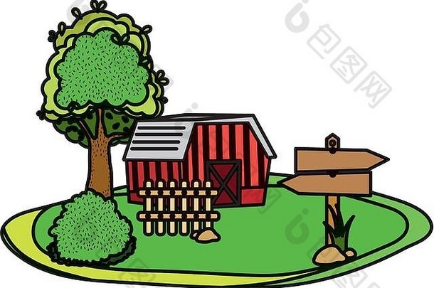 带树木和木材告示的彩色房屋农场