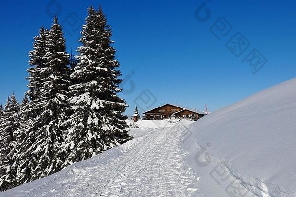 雪覆盖冷杉木材的小木屋