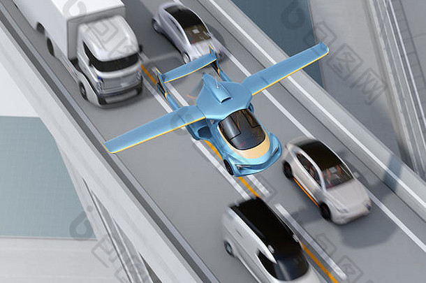 飞过高速公路的未来派飞车。快速运输，无交通堵塞的概念。三维渲染图像。