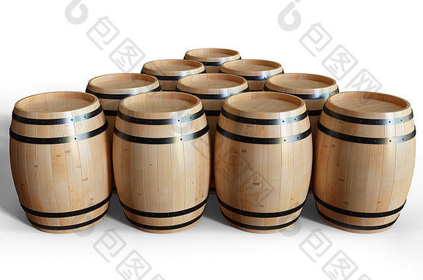 3D插图木桶葡萄酒在白色背景上隔离。木桶酒精饮料，如葡萄酒、干邑、朗姆酒、白兰地。
