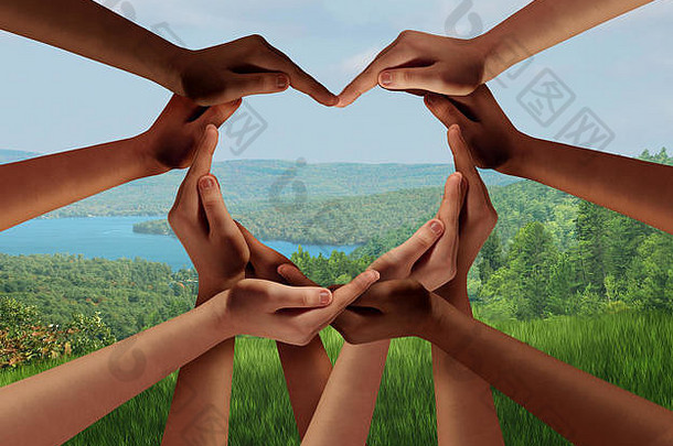 地球日庆祝活动，由不同的国际手组成，形状像一个心形，具有3D插图元素，是全球环境保护的象征。