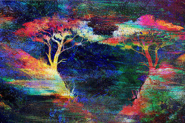 绘画日落海树壁纸景观颜色拼贴画